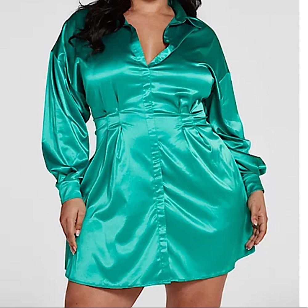 Green Satin Shirt Dress